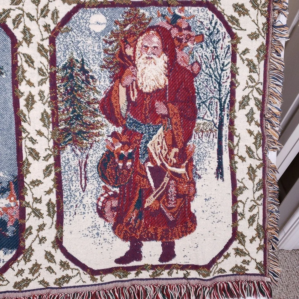 Christmas‎ Santa Tapestry Throw Blanket Woven Fringe Holiday Victorian 46x54